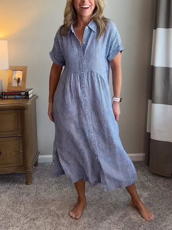 Sara – Vestido camisero de rayas con corte relajado y bolsillos laterales