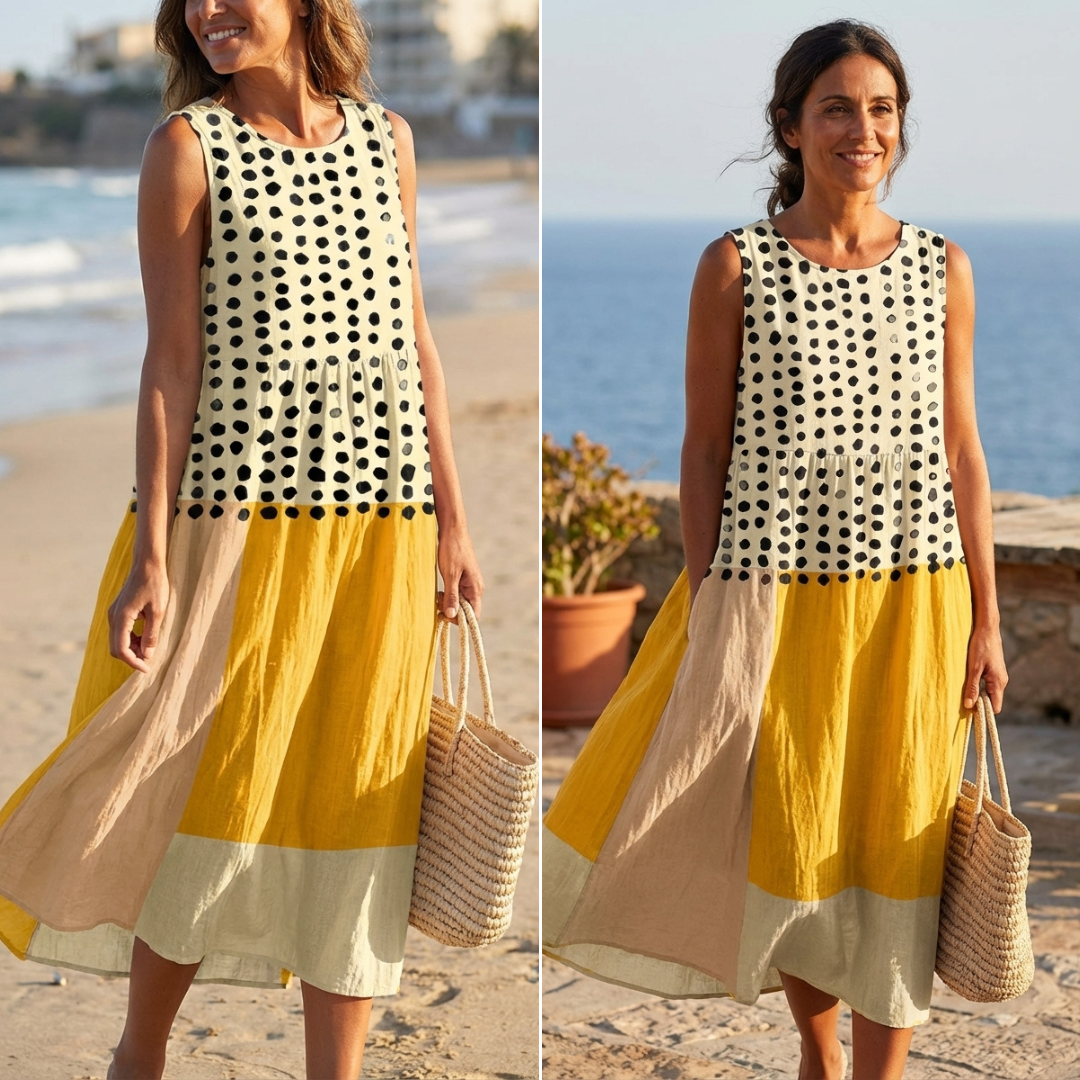 Leah | Vestido midi colorblock con lunares