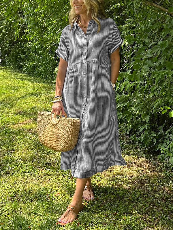 Sara – Vestido camisero de rayas con corte relajado y bolsillos laterales