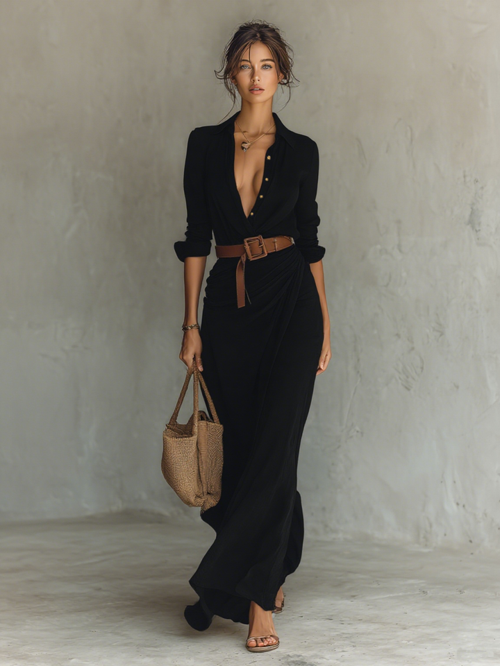 Vestido Maxi Largo con Cuello de Solapa y Cintura Incluida