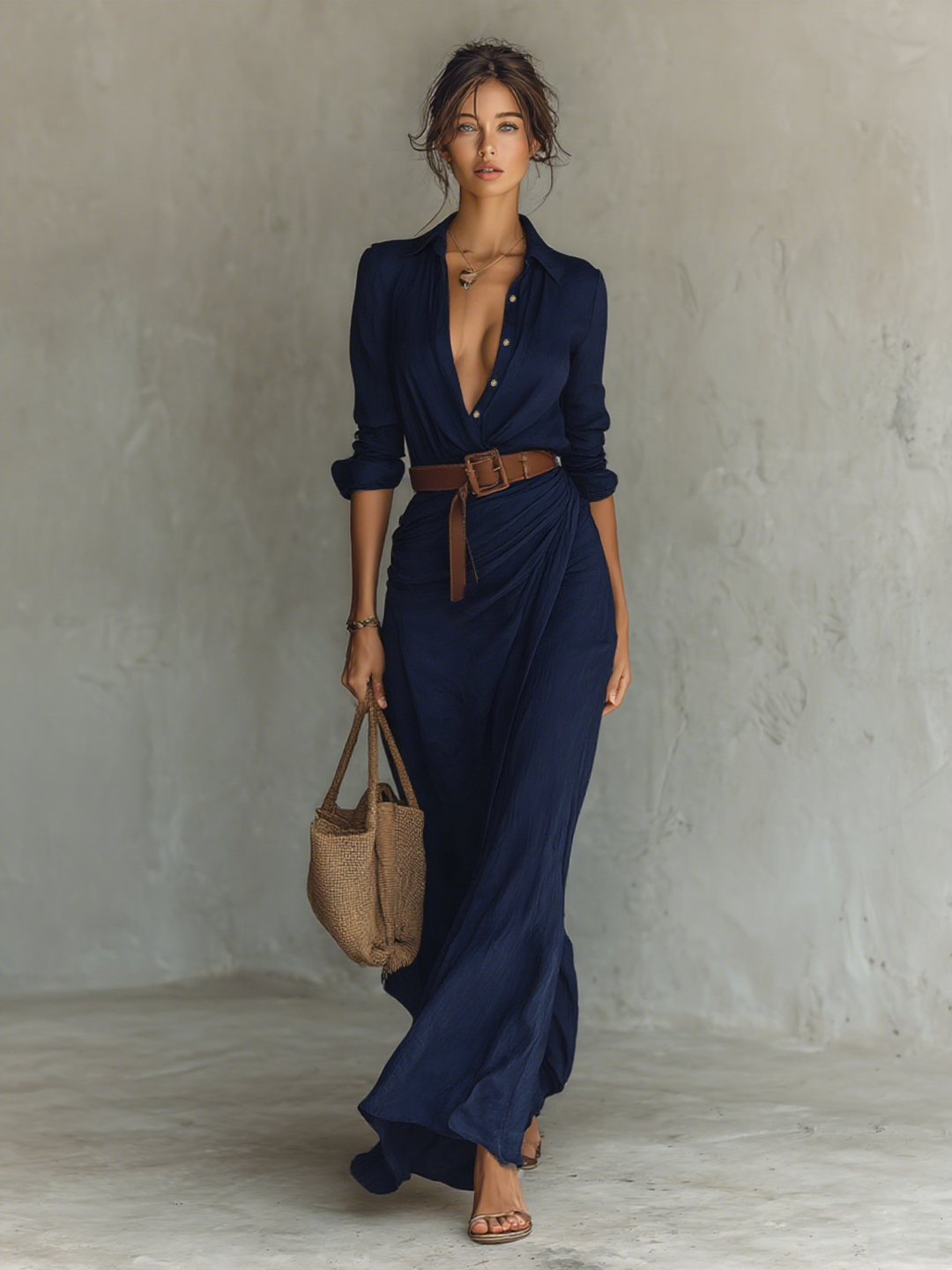 Vestido Maxi Largo con Cuello de Solapa y Cintura Incluida