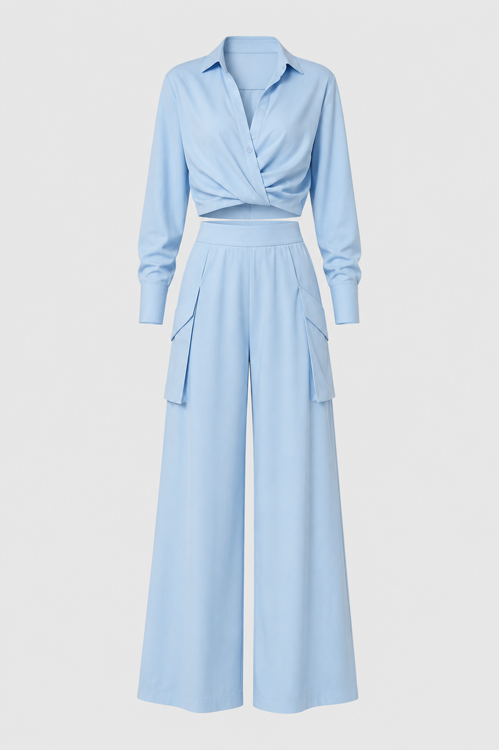 Conjunto de verano con camisa anudada y pantalón palazzo de cintura alta