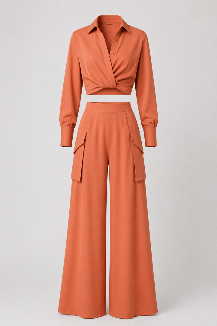 Conjunto de verano con camisa anudada y pantalón palazzo de cintura alta