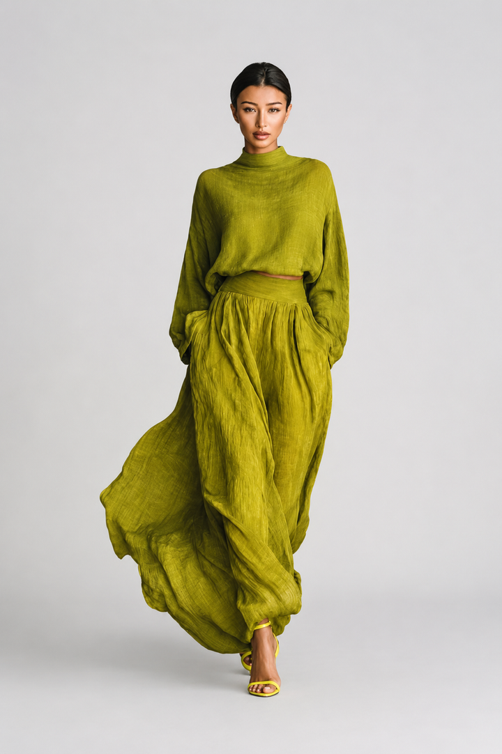 Conjunto de mujer verde en mezcla de algodón y lino