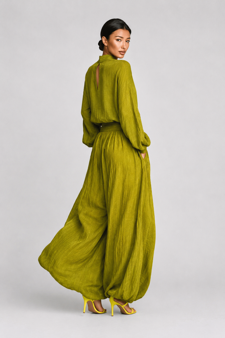 Conjunto de mujer verde en mezcla de algodón y lino
