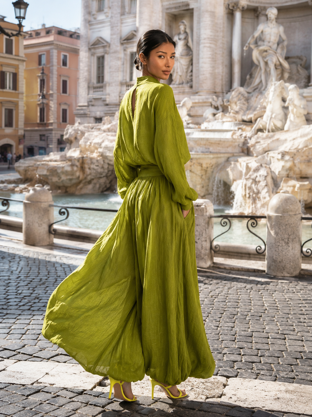 Conjunto de mujer verde en mezcla de algodón y lino