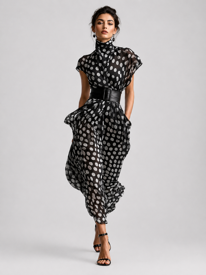 Vestido Maxi de Chiffon con Estampado de Lunares y Cuello Alto