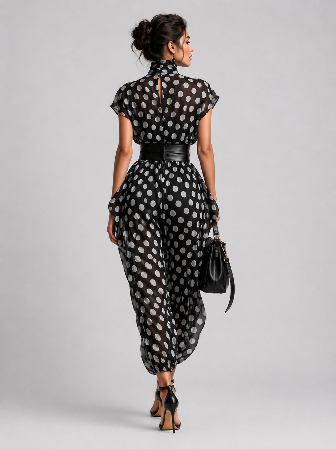 Vestido Maxi de Chiffon con Estampado de Lunares y Cuello Alto