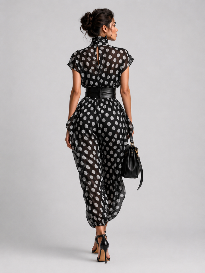 Vestido Maxi de Chiffon con Estampado de Lunares y Cuello Alto
