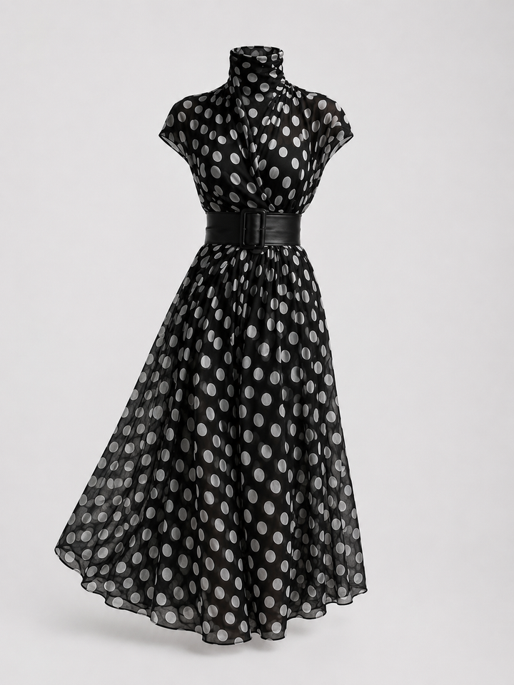 Vestido Maxi de Chiffon con Estampado de Lunares y Cuello Alto