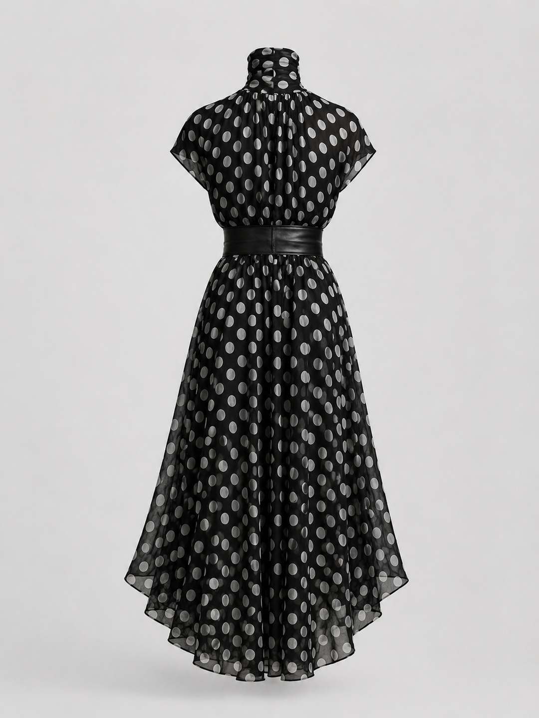 Vestido Maxi de Chiffon con Estampado de Lunares y Cuello Alto