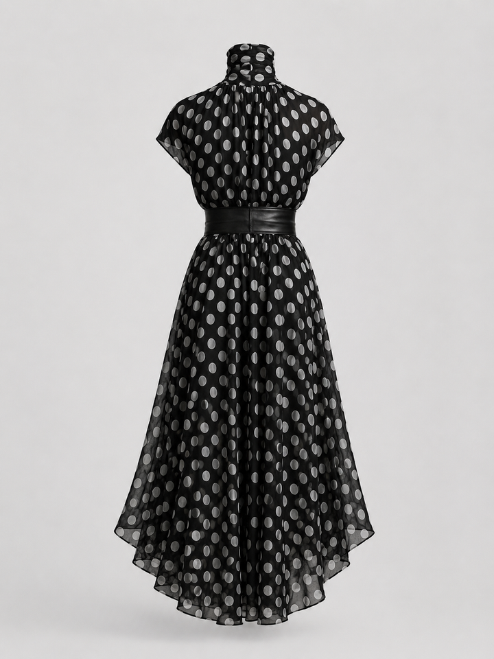 Vestido Maxi de Chiffon con Estampado de Lunares y Cuello Alto