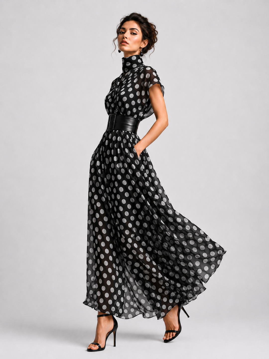 Vestido Maxi de Chiffon con Estampado de Lunares y Cuello Alto