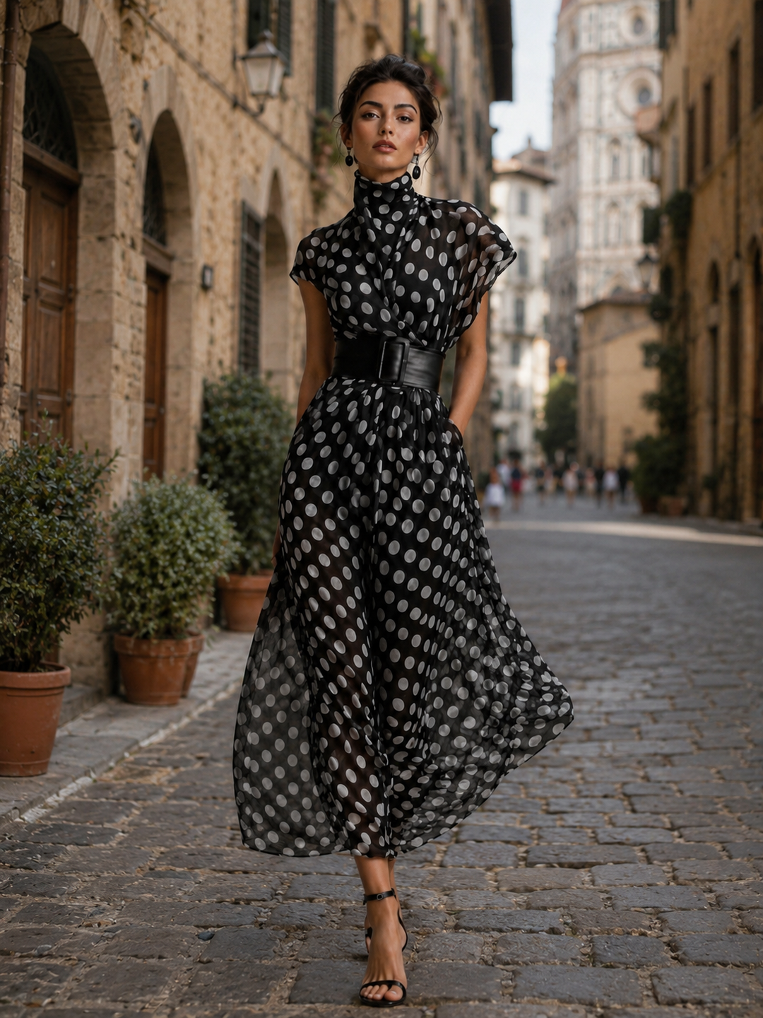 Vestido Maxi de Chiffon con Estampado de Lunares y Cuello Alto