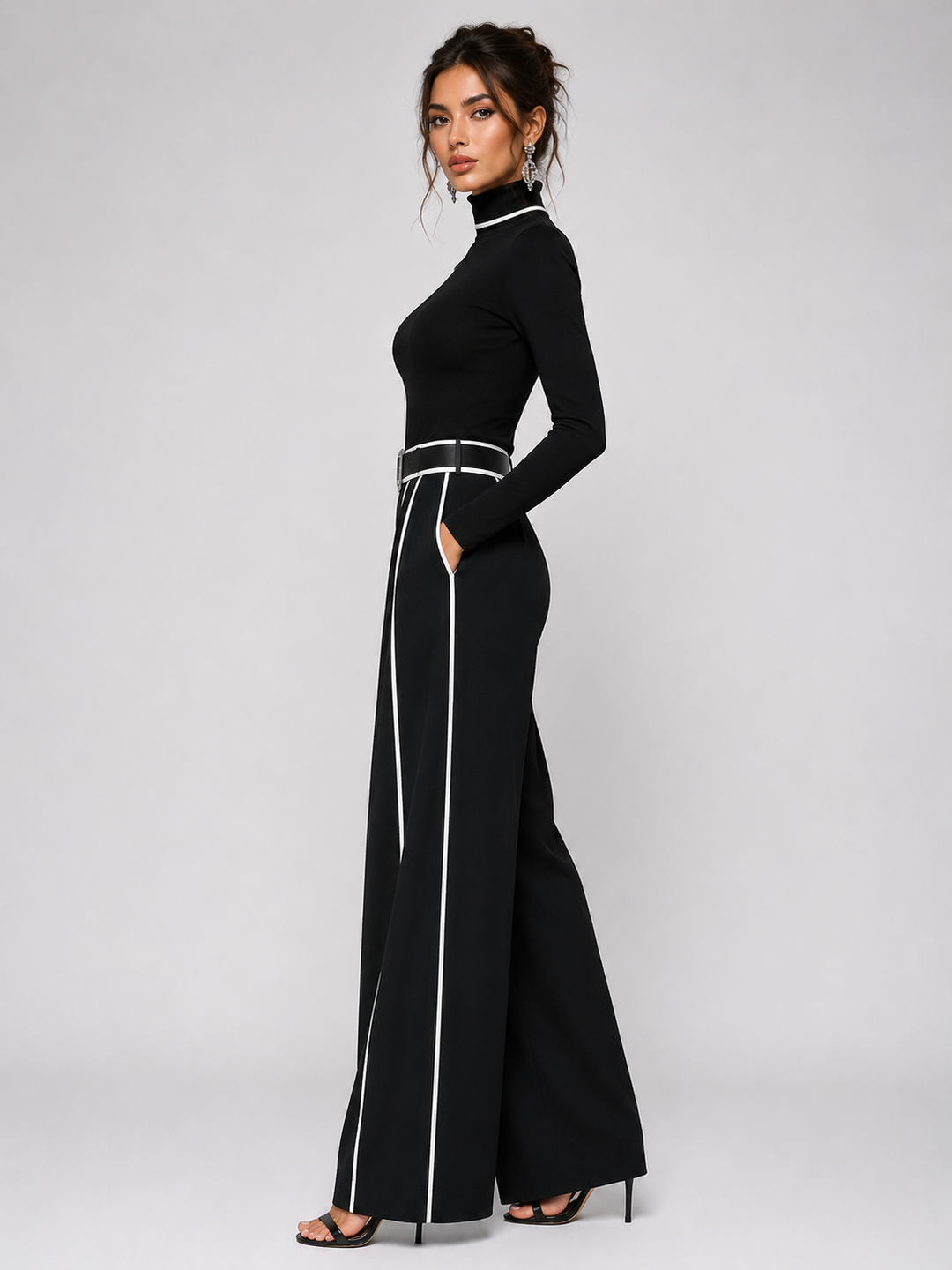 Conjunto de dos piezas para mujer con top de cuello alto de manga larga, pantalones de pierna ancha y cinturón