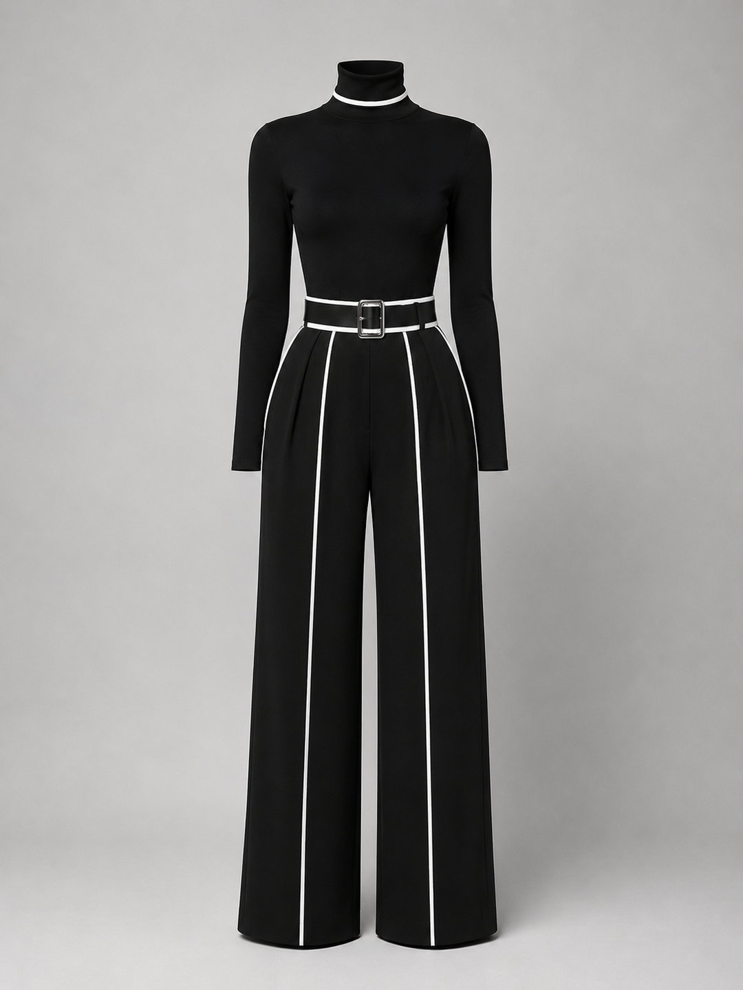 Conjunto de dos piezas para mujer con top de cuello alto de manga larga, pantalones de pierna ancha y cinturón