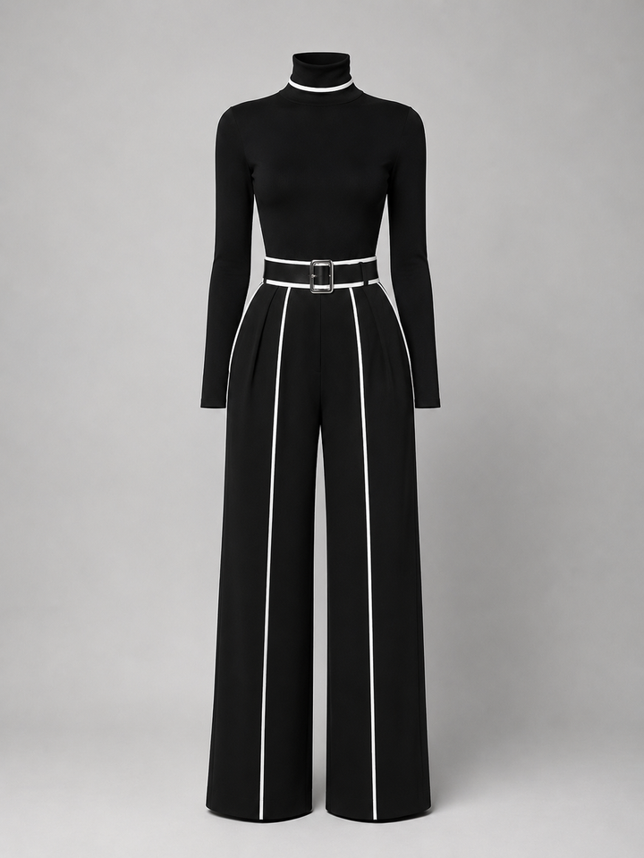Conjunto de dos piezas para mujer con top de cuello alto de manga larga, pantalones de pierna ancha y cinturón