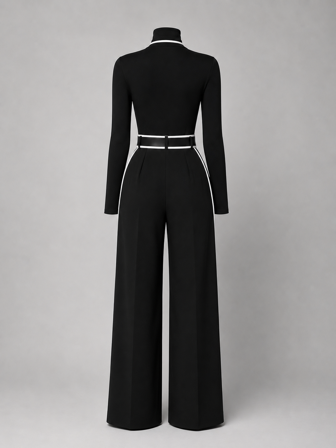 Conjunto de dos piezas para mujer con top de cuello alto de manga larga, pantalones de pierna ancha y cinturón
