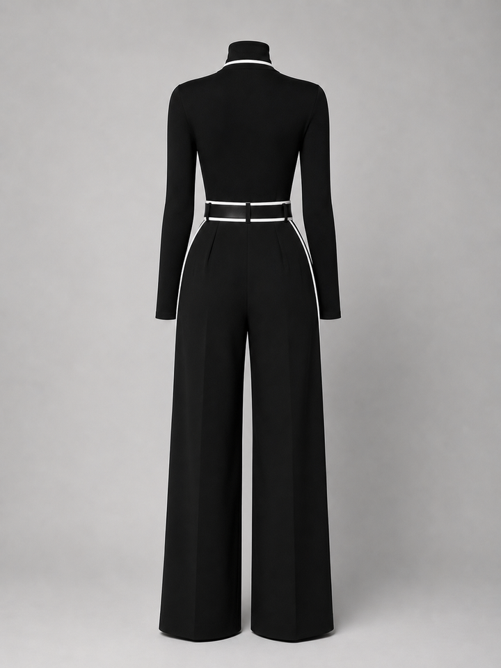 Conjunto de dos piezas para mujer con top de cuello alto de manga larga, pantalones de pierna ancha y cinturón