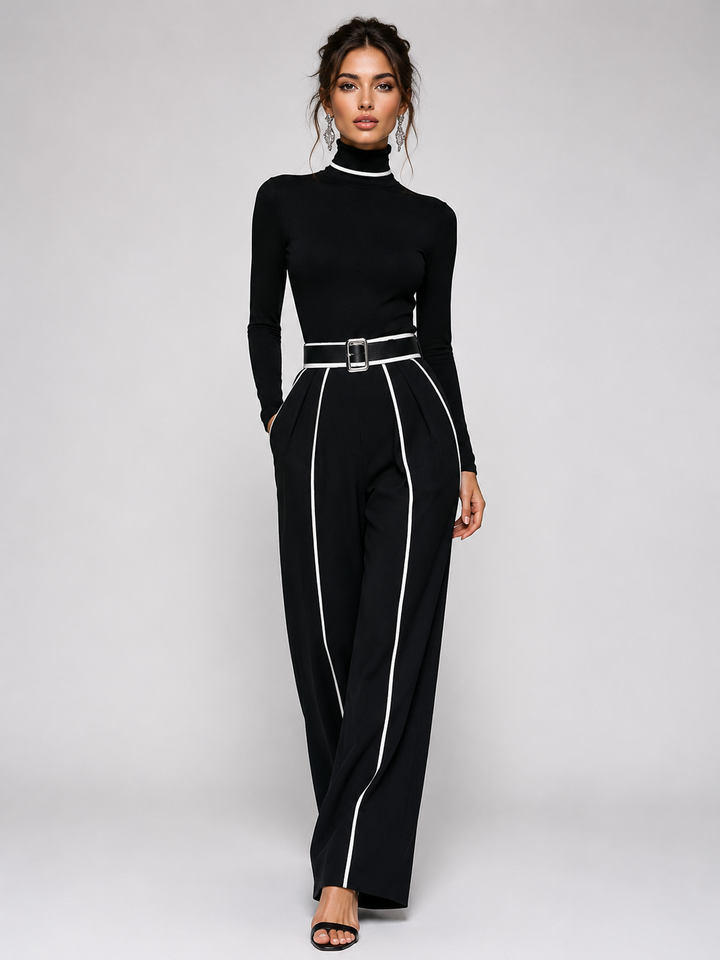 Conjunto de dos piezas para mujer con top de cuello alto de manga larga, pantalones de pierna ancha y cinturón