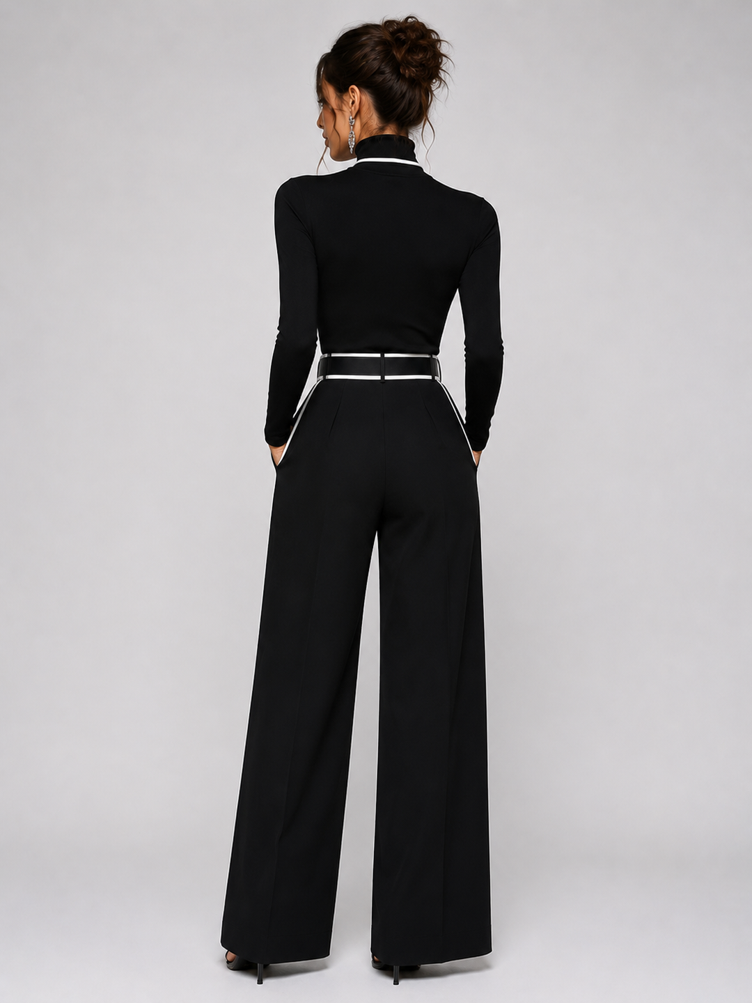 Conjunto de dos piezas para mujer con top de cuello alto de manga larga, pantalones de pierna ancha y cinturón