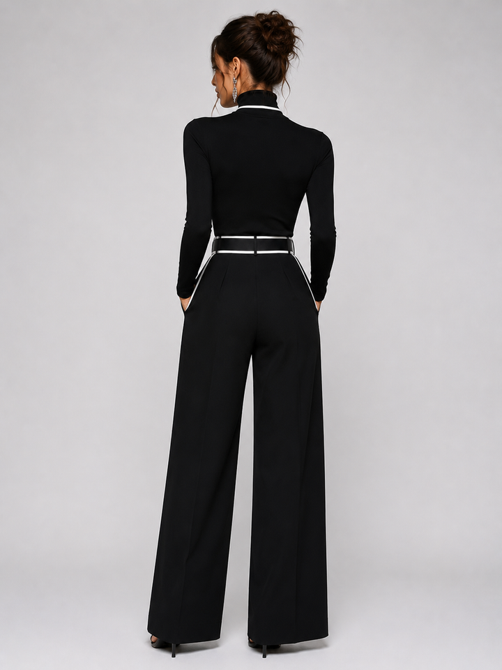 Conjunto de dos piezas para mujer con top de cuello alto de manga larga, pantalones de pierna ancha y cinturón