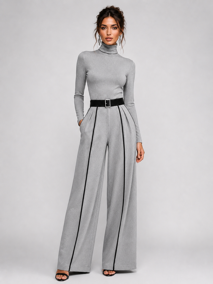 Conjunto de dos piezas para mujer con top de cuello alto de manga larga, pantalones de pierna ancha y cinturón