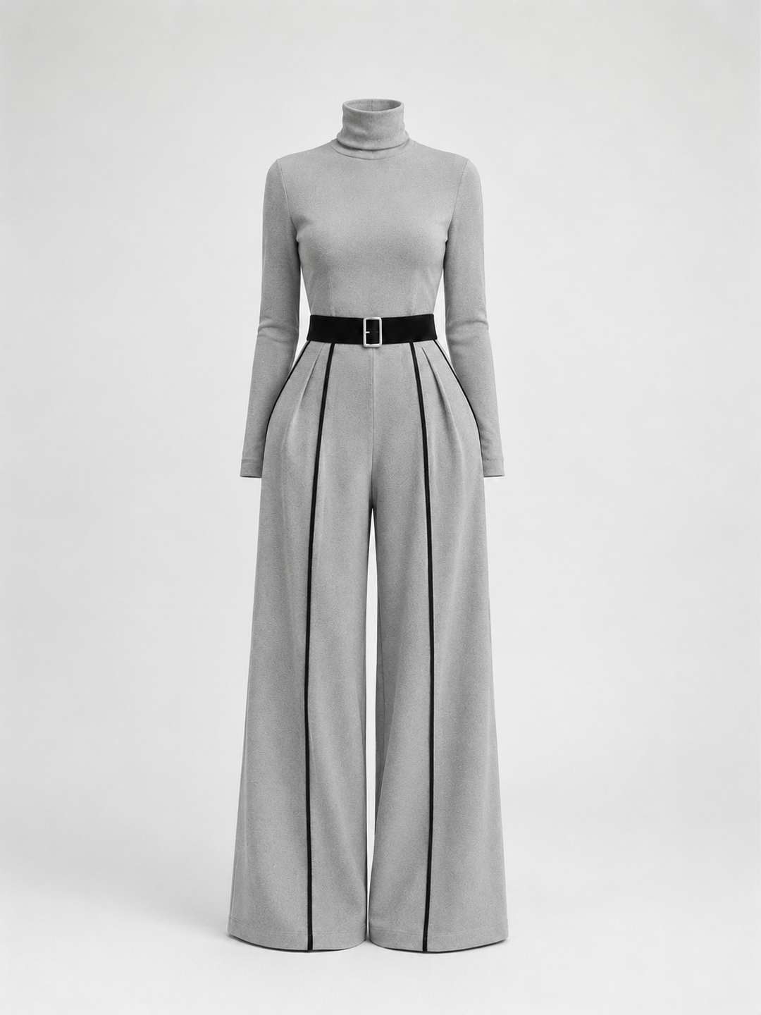 Conjunto de dos piezas para mujer con top de cuello alto de manga larga, pantalones de pierna ancha y cinturón