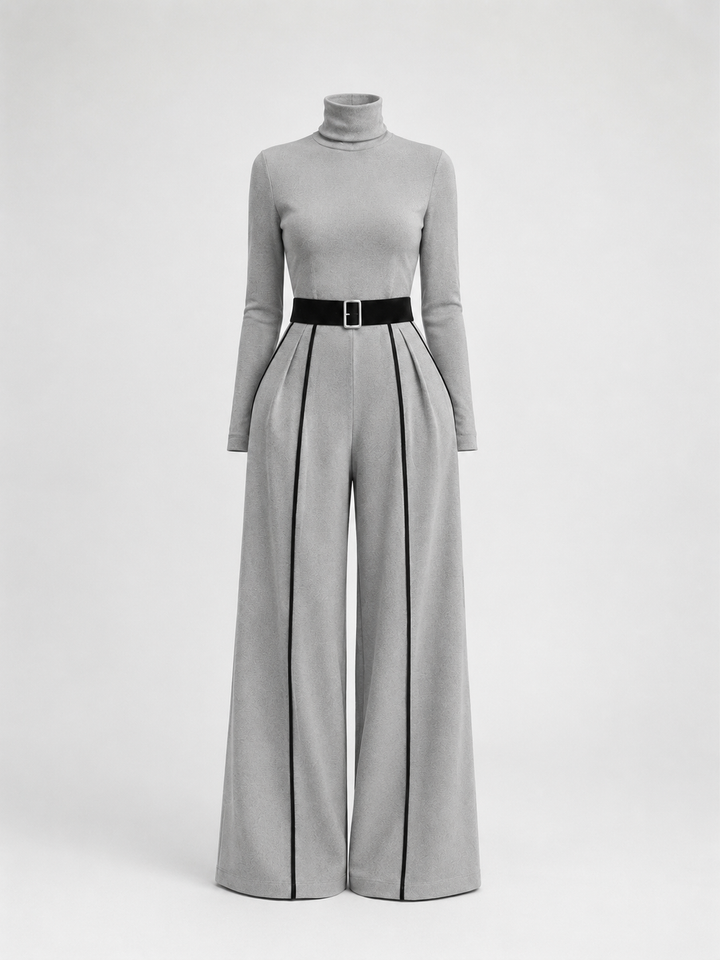Conjunto de dos piezas para mujer con top de cuello alto de manga larga, pantalones de pierna ancha y cinturón