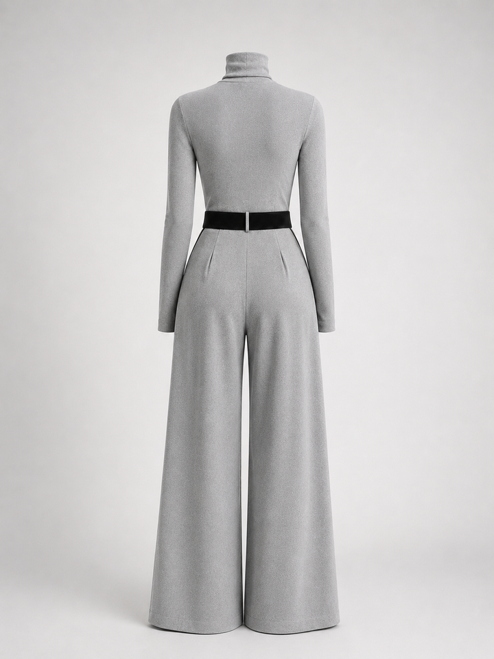 Conjunto de dos piezas para mujer con top de cuello alto de manga larga, pantalones de pierna ancha y cinturón