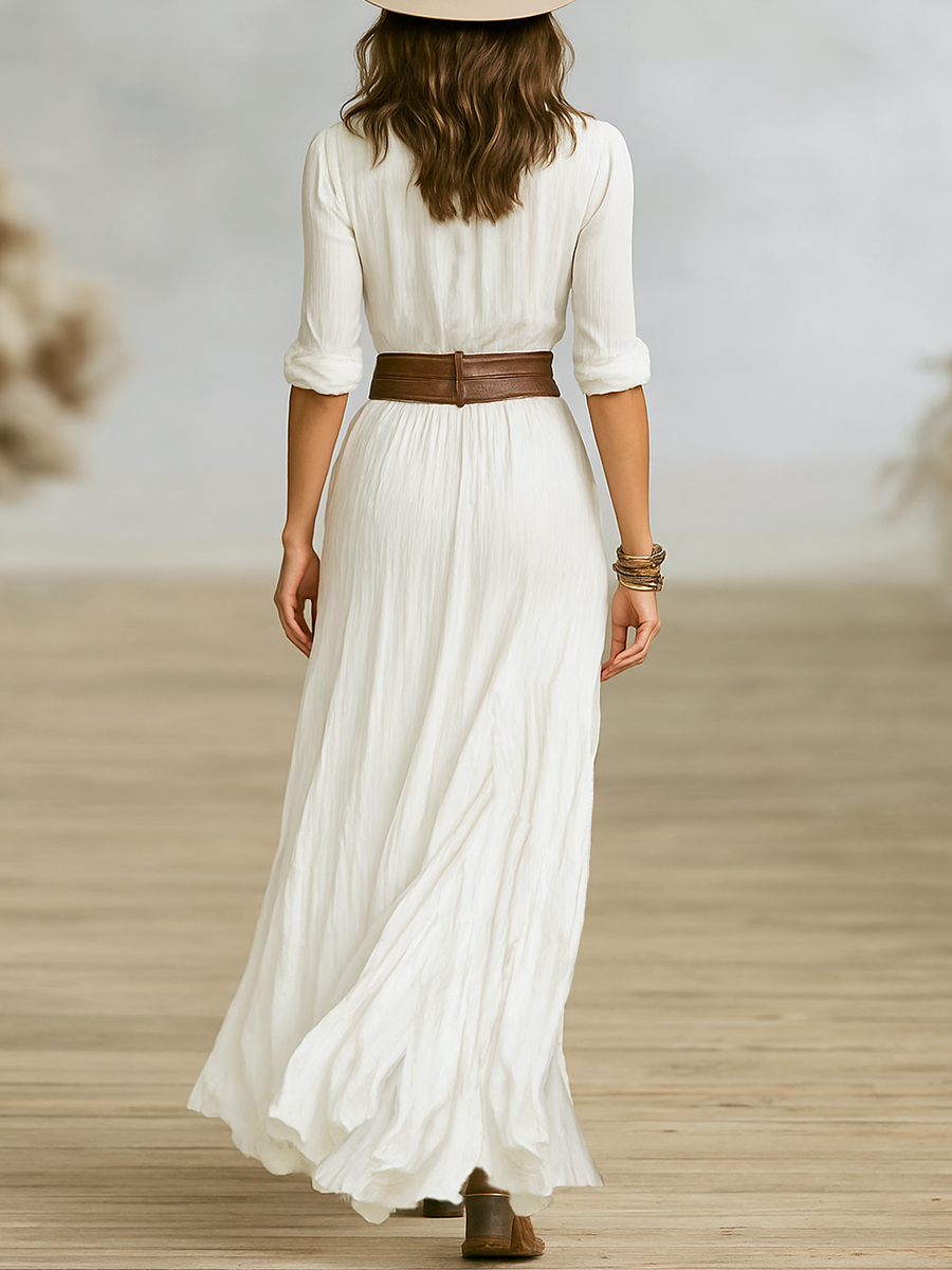 Vestido Maxi Largo Mujer en Algodón y Lino con Cuello de Solapa