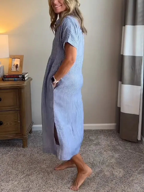 Sara – Vestido camisero de rayas con corte relajado y bolsillos laterales