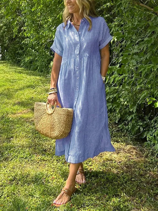 Sara – Vestido camisero de rayas con corte relajado y bolsillos laterales