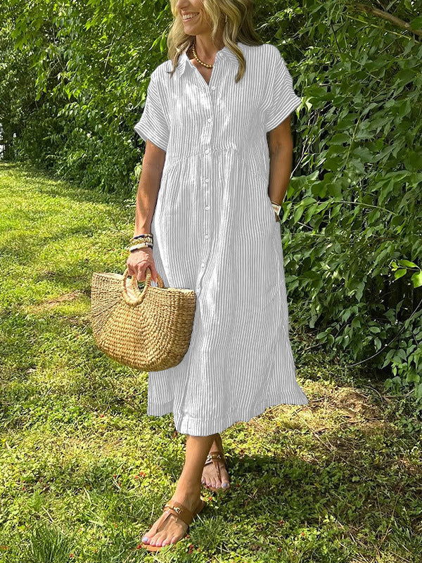 Sara – Vestido camisero de rayas con corte relajado y bolsillos laterales