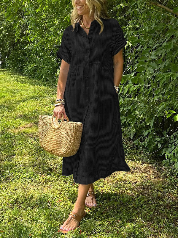 Sara – Vestido camisero de rayas con corte relajado y bolsillos laterales