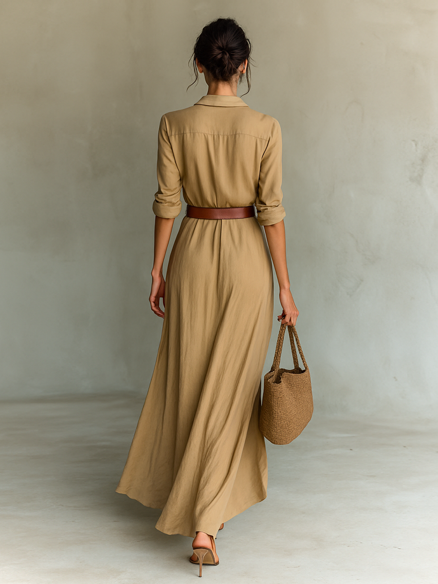 Vestido Maxi Largo con Cuello de Solapa y Cintura Incluida