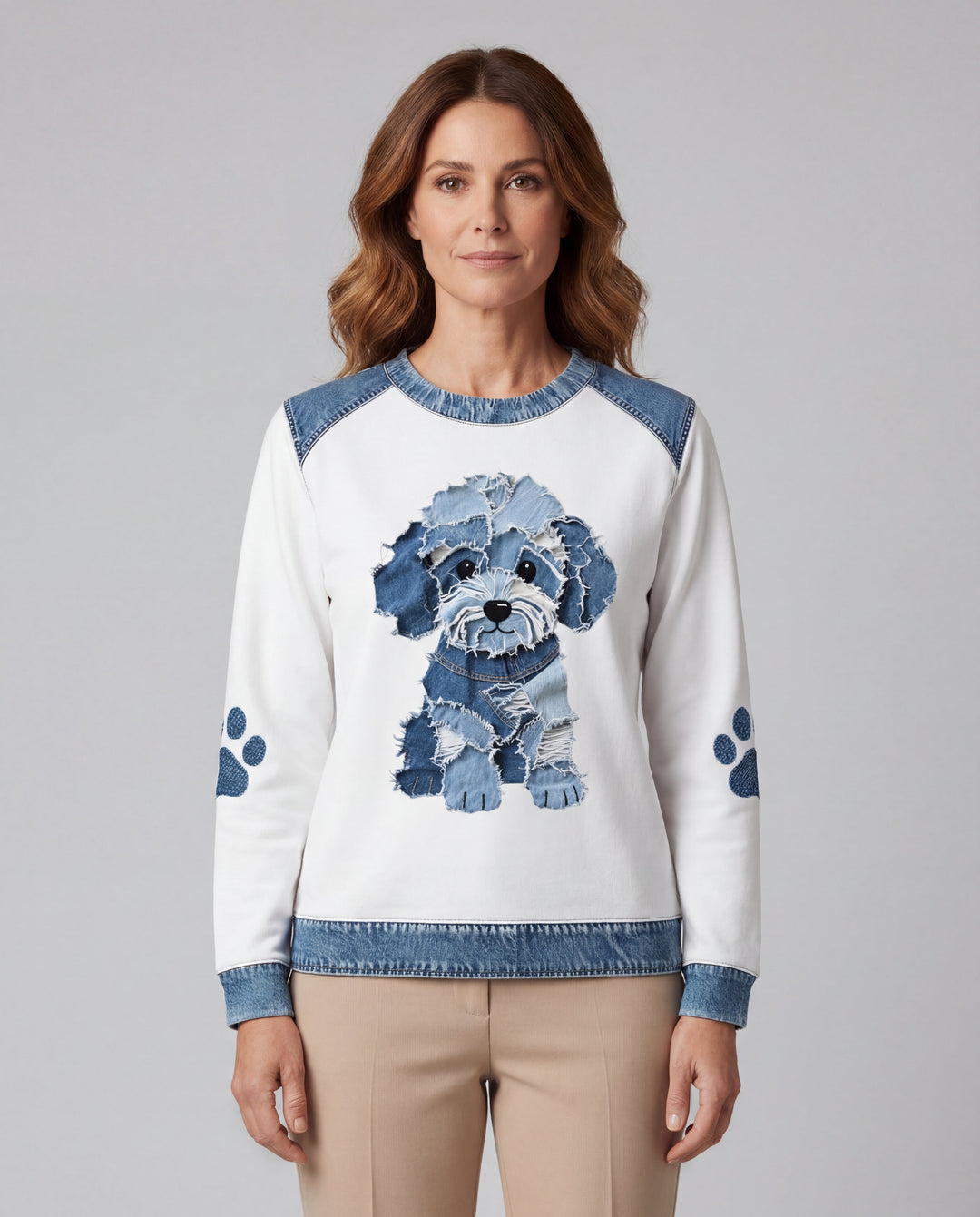 Luz - Sudadera con Patchwork y Estampado de Denim de Perro Peludo