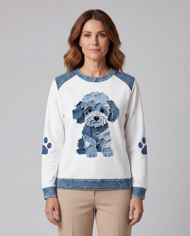 Luz - Sudadera con Patchwork y Estampado de Denim de Perro Peludo