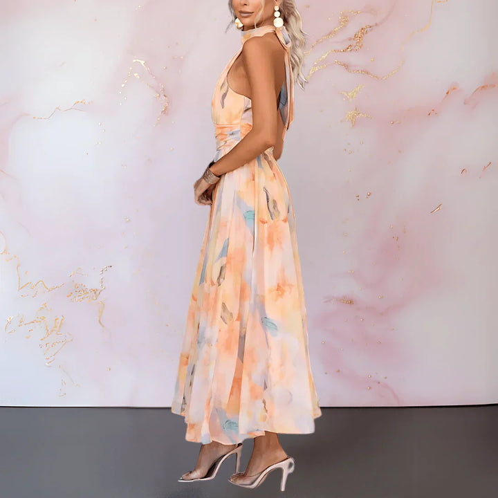 ESTHER | VESTIDO CON CUELLO HALTER Y ESTAMPADO DE ACUARELA